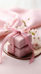 Fototapeta na wymiar A delicate pink gift box tied with a satin ribbon, nestled among soft cherry blossoms for a touch of spring elegance.