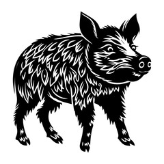 Forest animal boar in linocut textured style. Isolated on white background vector illustration