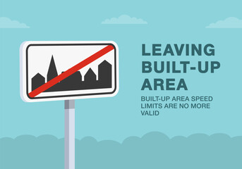 Safe driving tips and traffic regulation rules. Close-up of leaving built-up area sign. Built-up area speed limits are no more valid. Flat vector illustration template.