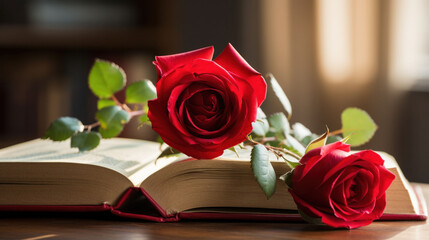 A vibrant red rose lies elegantly on an open book, symbolizing romance and literary passion. The perfect image for themes of love and education.