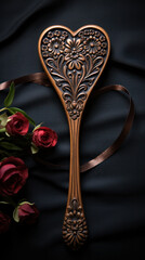 An ornate hand mirror with a heart-shaped reflection lies amongst dark satin and roses, symbolizing vanity and romantic allure. Perfect for themes of love and elegance.