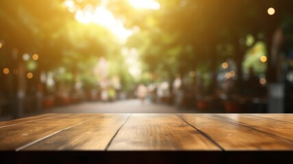 The empty wooden table top with blur background of outdoor cafe. Exuberant image. generative ai - obrazy, fototapety, plakaty