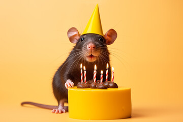 Rat celebrating his birthday and blowing out candles on a birthday cake. Image on a yellow background.