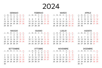 2024 italian calendar. Printable, editable vector illustration for Italy. 12 months year calendario - obrazy, fototapety, plakaty