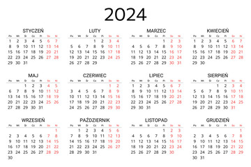 2024 polish calendar. Printable, editable vector illustration for Poland. 12 months year kalendarz