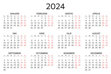 2024 romanian calendar. Printable, editable vector illustration for Romania and Moldova. 12 months year calendars
