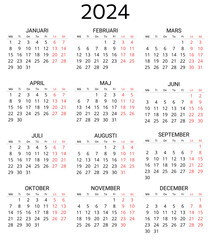 2024 swedish calendar. Printable, editable vector illustration for Sweden. 12 months year kalender