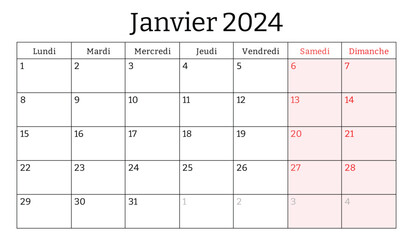 January 2024 french month calendar. Vector printable illustration. Monthly planning for business in France