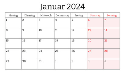 January 2024 German month calendar. Vector printable illustration. Monthly planning for business in Germany