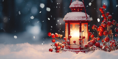 Red Christmas lantern over blurred winter background with falling snow
