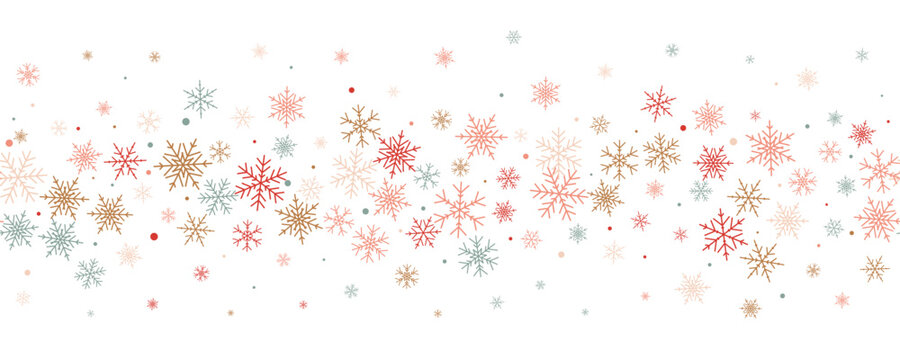 Snowflakes vector background. Winter holiday decor with multicolor crystal elements. Graphic icy frame isolated on white backdrop.