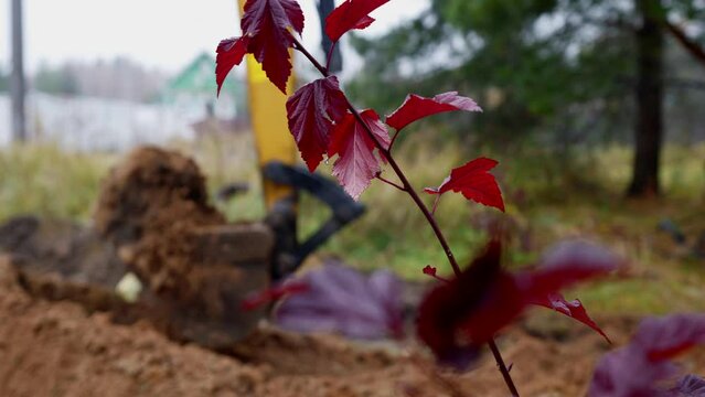 excavator digging ground for building and installing gas supply system, on construction site