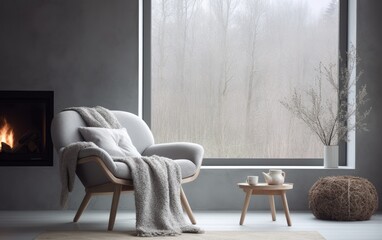 Grey chair in a modern Scandinavian home living room by fireplace against window