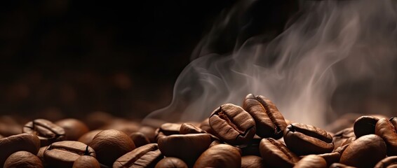 Coffee bean indulgence. Close up view of dark roasted arabica beans creating tasty and aromatic morning beverage with steam and rich flavor on brown background - obrazy, fototapety, plakaty