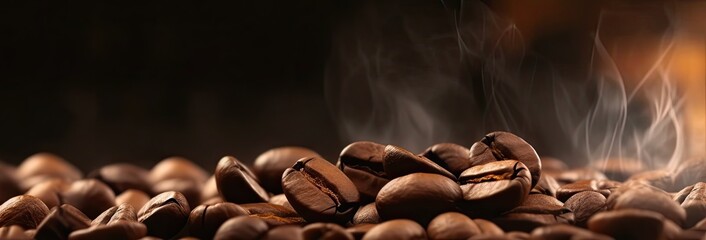 Coffee bean indulgence. Close up view of dark roasted arabica beans creating tasty and aromatic morning beverage with steam and rich flavor on brown background - obrazy, fototapety, plakaty
