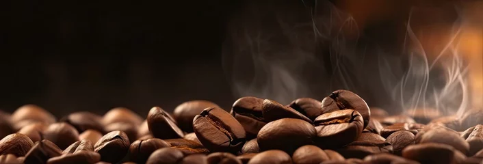  Coffee bean indulgence. Close up view of dark roasted arabica beans creating tasty and aromatic morning beverage with steam and rich flavor on brown background © Bussakon