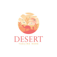 Desert logo design template with sunset and a silhouette of a camel. Vector illustration