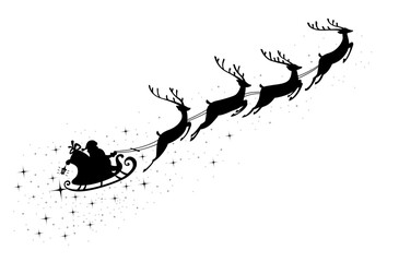 Silhouette of Santa Claus riding in a sleigh with reindeer