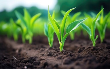 Rows of young corn plants growing on a vast field