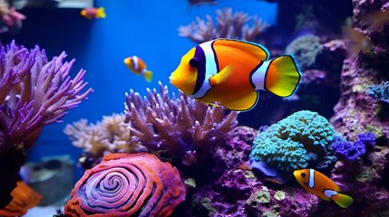 Fototapeta na wymiar Close-up photograph of a clownfish inside an aquarium.