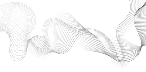 Abstract grey, white smooth element swoosh speed wave modern stream background. Wave with lines created using blend tool. Abstract frequency sound wave lines and twisted curve lines background.