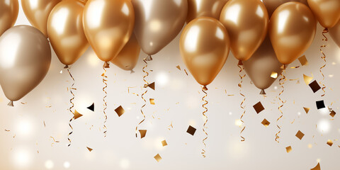 Gold colored balloons and glittering confetti for greeting card or party invitation.