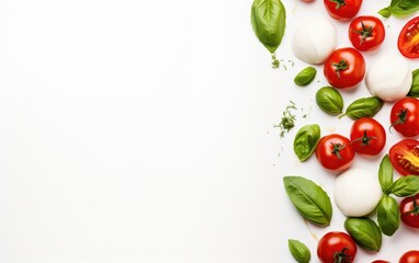 Tomatoes, basil and mozzarella cheese on a white background, top view