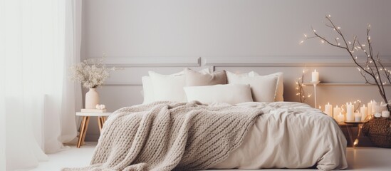 Cozy knit blanket on bed in chic room