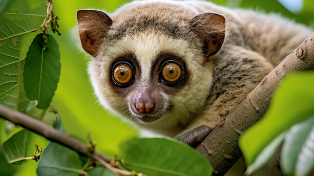 The beautiful Slow Loris on tree with green leaf as background. AI Generative.