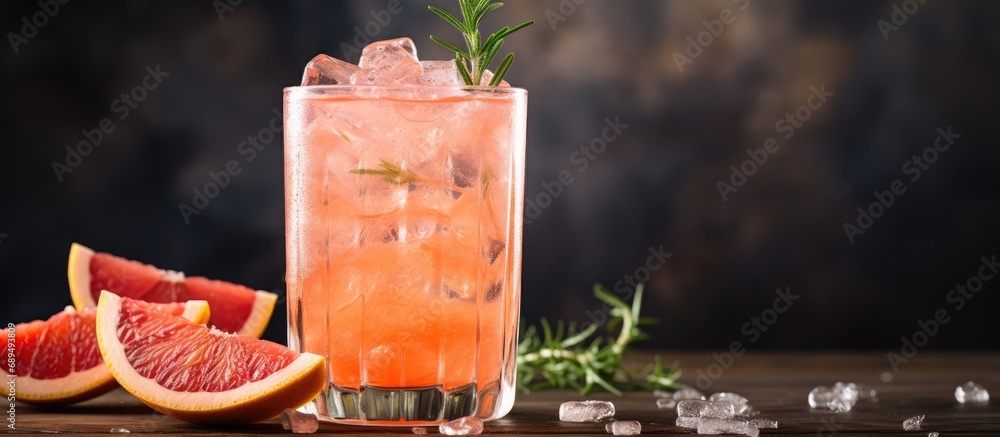 Sticker grapefruit and rosemary infused beverage, with or without alcohol, served over ice.