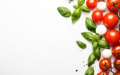 Tomatoes, basil and mozzarella cheese on a white background, top view - obrazy, fototapety, plakaty
