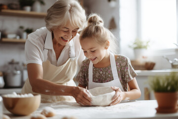 Grandmother and granddaughter making bread dough, family bonding concept