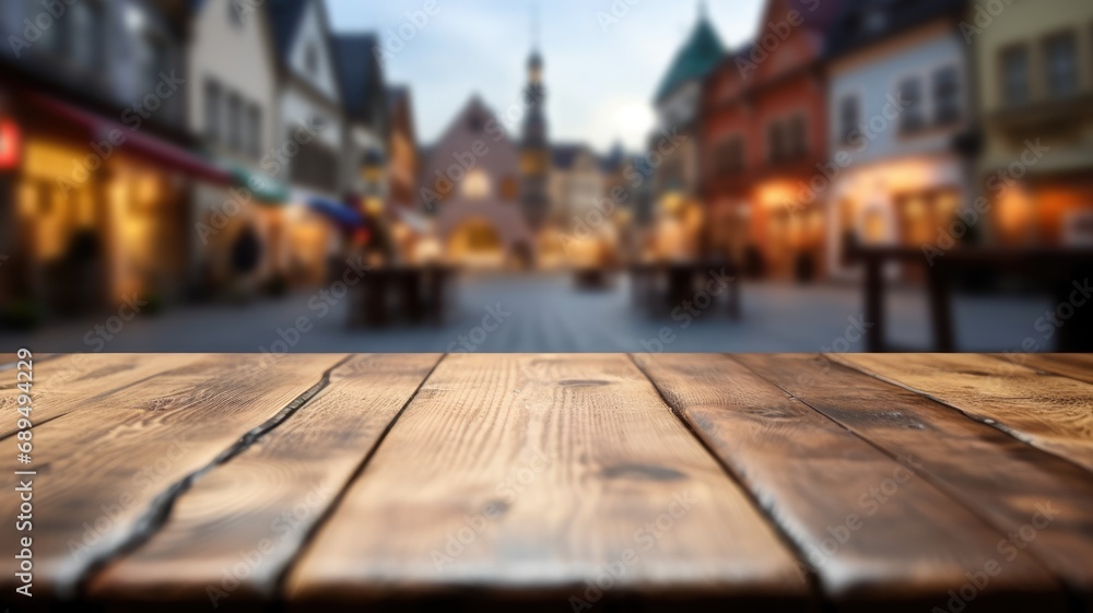 Poster the empty wooden table top with blur background of town square. exuberant image. generative ai