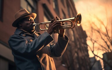 A trumpet player in a hat and playing a trumpet in a street - obrazy, fototapety, plakaty
