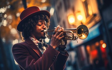 A trumpet player in a hat and playing a trumpet in a street