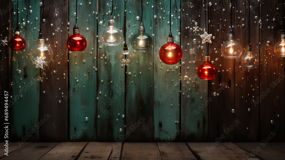 Wall mural green and red christmas balls against a log cabin wall - barnwood - rustic - country - festive - hol