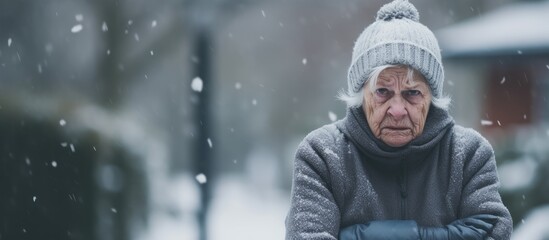 Elderly woman in winter sweater appears skeptical and upset; a negative presence due to a problem. - obrazy, fototapety, plakaty