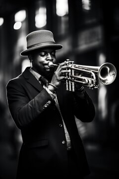 A trumpet player in a hat and playing a trumpet in a street