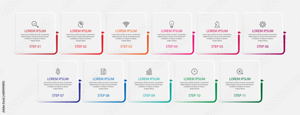 Poster thin line infographic design with 11 sections or options including icons, numbers and text, for your