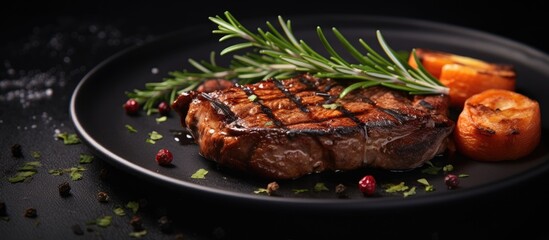 Black plate with rib eye steak - Powered by Adobe