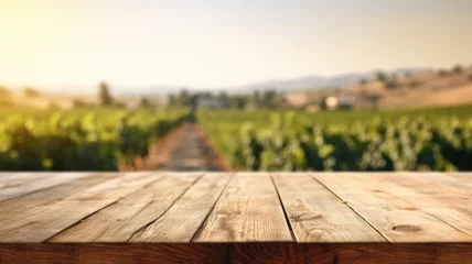 Fototapete Rund The empty wooden table top with blur background of vineyard. Exuberant image. generative AI © Summit Art Creations