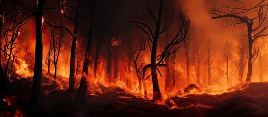 Flames engulfing trees in a forest fire.