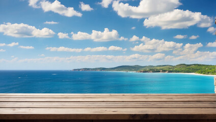 Fototapeta premium Wooden table on the background of the sea, island and bright blue sky.