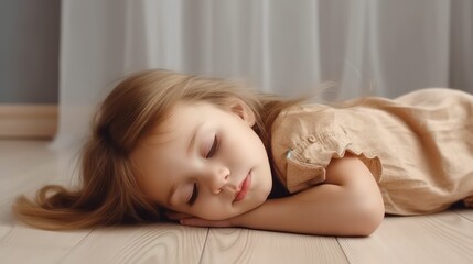 Obraz na płótnie Canvas Cute europe's little girl lying on floor sleeping with closed eyes in light brown color background generative ai