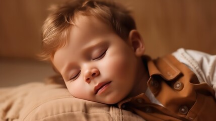 Cute europe's little boy lying on floor sleeping with closed eyes in light brown color background generative ai