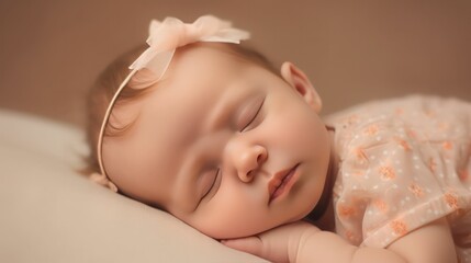 Cute europe's baby girl lying on floor sleeping with closed eyes in light brown color background generative ai
