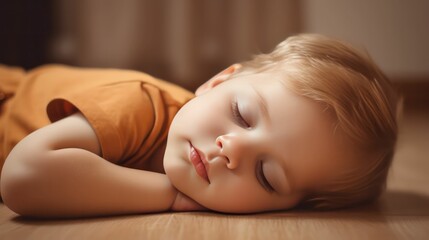Obraz na płótnie Canvas Cute europe's little boy lying on floor sleeping with closed eyes in light brown color background generative ai