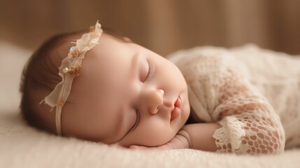 Cute europe's baby girl lying on floor sleeping with closed eyes in light brown color background generative ai