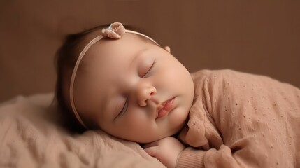 Cute europe's baby girl lying on floor sleeping with closed eyes in light brown color background generative ai