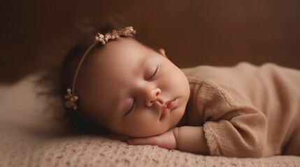 Cute europe's baby girl lying on floor sleeping with closed eyes in light brown color background generative ai